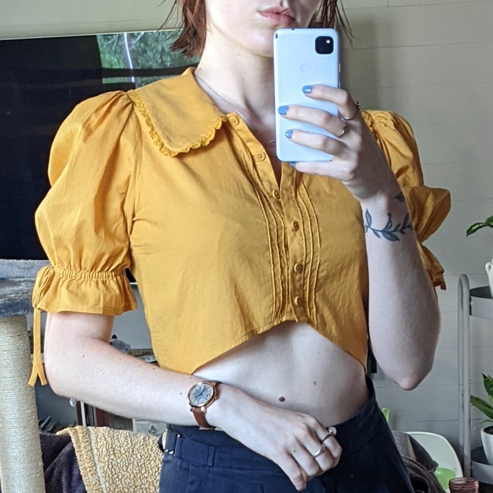 Mustard Yellow Puff Sleeve Cropped Blouse